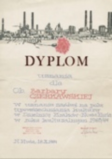 Dyplom uznania dla Barbary Czerkawskiej